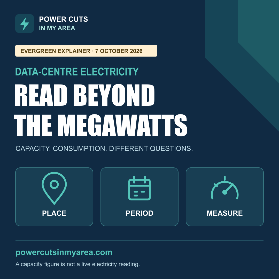 Power Cuts in My Area graphic: Data-centre electricity. Read beyond the megawatts. Map-pin, calendar and gauge icons labelled Place, Period and Measure. Marked Evergreen explainer.